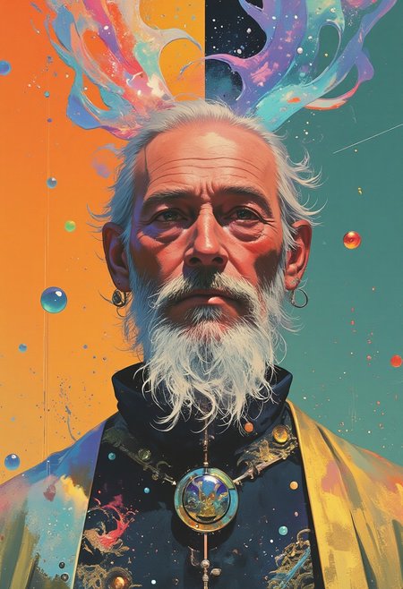 A hyper-realistic digital portrait of an 82-year-old bald man with a long silver beard, deeply wrinkled skin, sun spots, and visible age lines. His head and neck are semi-transparent, filled with swirling liquid patterns in glowing amber, luminous turquoise, and deep cobalt, creating a surreal, gelatinous effect of flowing energy within. He wears a matte gold robe adorned with blue glass beads, intricate embroidery, and geometric motifs, contrasting against the fluid interior glow.
The background is divided into four distinct sections: vibrant orange with fine white linework and circular symbols; deep cerulean with repeating graphic patterns; moss green layered with black-and-white shapes; and muted lavender with textured designs. Flowing curved lines weave through the scene, filled with intricate dots, stripes, and layered motifs, creating rhythmic movement. The composition merges realism with stylized abstraction, using a retro-futurist palette and contemporary digital design language.