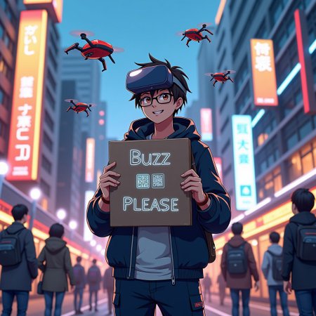 Anime style. A bustling futuristic city street at dusk, illuminated by neon lights and holographic advertisements. In the heart of this urban scene stands a buzz beggar, a figure blending traditional attire with smart clothing. Their sign displays QR codes and digital and a text that says "buzz me please" currency icons, showcasing modern ways to donate. Equipped with augmented reality glasses and a VR headset, they interact with the world of advanced technology. Hovering around them are small drones or robotic aides, assisting in gathering donations and entertaining passersby. Commuters engage with the beggar’s technology, scanning codes and enjoying holographic projections. The background features high-tech buildings and vehicles, embodying the advancements of society.