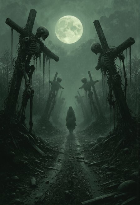 An eerie medieval scene unfolds along a desolate dirt path that stretches endlessly into the horizon. On either side of the path, crooked wooden crosses are planted haphazardly into the swampy, moor-like ground, each bearing the skeletal remains of the condemned. The decaying skeletons hang lifelessly, their bony frames twisted and contorted, evoking a sense of anguish and despair. A thick, oppressive fog blankets the entire scene, shrouding the landscape in an unearthly, ghostly atmosphere. The faint glow of a pale moon filters through the mist, casting long, distorted shadows of the crosses across the muddy ground. The air is heavy with silence, broken only by the distant creak of the unstable wooden structures as they sway slightly in the damp, haunting breeze. The composition conveys an overwhelming sense of dread, isolation, and foreboding, drawing the viewerâs eye down the path into the misty unknown.  In the distance, barely visible through the dense fog, stands the silhouette of a young girl in a flowing skirt. Her presence adds an unsettling mystery to the scene, as she appears motionless and out of place in this nightmarish landscape. The soft contours of her silhouette, illuminated faintly by the moonlight, create a stark contrast to the grim surroundings, drawing the viewer's eye toward her and deepening the sense of foreboding and unanswered questions. <lora:- Flux1 - vanta_black_V1.0.safetensors:0.75>,  <lora:Warhammer_Rogue_Trader_Style_flux-000021.safetensors:0.5>,  <lora:Elden_Ring_-_Yoshitaka_Amano.safetensors:1.0>,  <lora:The_Dark_Side_Of_The_Future.safetensors:0.33>,