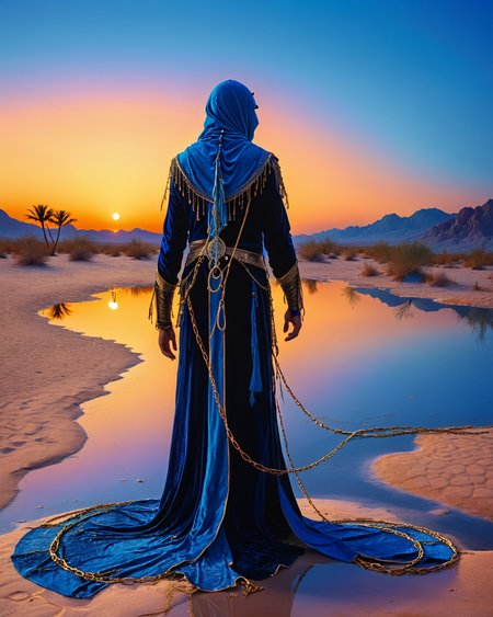 hooded human sorcerer standing at a desert oasis, velvet, chains, water, reflections, blue hour, intense colors, high contrast, camel, warriors, <lora:add-detail-xl:1.0>,  <lora:xl_more_art-full_v1:0.4>,  <lora:XSfenlie:1> fenliexl, <lora:lora:1>, realistic photo
