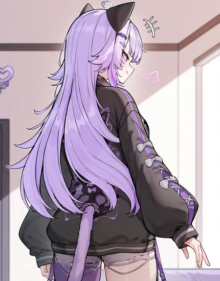 masterpiece, perfect quality, best quality, absolutely eye-catching, absurdres, highres, newest, 1girl,  <lora:nekomataokayugyaruIllustriousXL:1>, okayugyaru, smile, bare arms, cowboy shot, black jacket, zipper, from behind, smug,