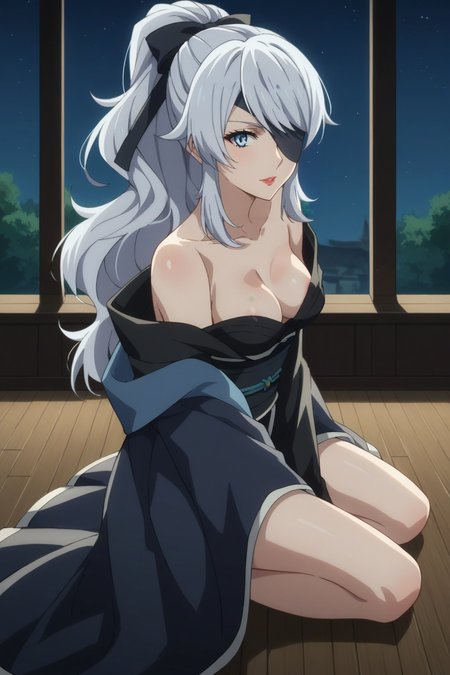 score_9, score_8_up, score_7_up, source_anime, 1girl, prefect lighting, very aesthetic, intricate details, highly detailed background, masterpiece, high quality, prefect hands, best quality, solo,
<lora:No4_Nier_V1:.85>, kjono4, white hair, long hair, light blue eyes, eyepatch, hair bow, high ponytail, swept bangs, lipgloss, 
black kimono, obi, off shoulder, nipple slip,
From side, wariza, kneeling, hand between legs, looking at viewer,
Night, east asian architecture, wooden floor,
(Beautiful, medium Breasts:1.2), natural breasts,