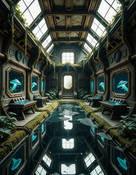 The interior of an ancient abandoned spaceship, overtaken by lush vegetation. The walls and ceiling are covered in thick, twisting vines and moss. Strange alien plants glow faintly in shades of blue and green, casting an eerie, mystical light across the metallic surfaces. Rusted control panels and shattered glass windows hint at a long-forgotten past. The floor is cracked and partially flooded with still, reflective water. Patches of bioluminescent fungi cling to the corners, adding a surreal atmosphere. The air feels heavy with moisture, and beams of soft, diffused light filter through holes in the hull, creating dramatic shafts of light and shadow. The overall style is hyper-realistic, rich in textures, with a cinematic and slightly melancholic mood.<lora:SDXLFaeTastic2400:0.4> <lora:extremely_detailed:0.4> extremely detailed,ancient abandoned sp4c3sh1p, <lora:ancient_abandoned_sp4c3sh1p-i:1>, Masterpiece,best quality,hi res,8k,hi res,8k,award winning,(sharp focus, intricate, highly detailed),