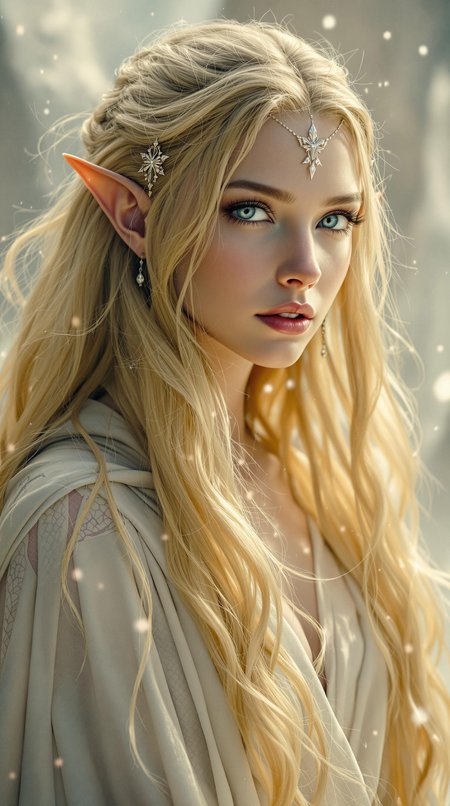 cinematic still hyper realistic art A mesmerizing image capturing the essence of timeless fantasy elven beauty ---- 
Very tall she was, and the Lady no less tall than the Lord; and they were grave and beautiful. They were clad wholly in white; and the hair of the Lady was of deep gold, and seemed to shine with a light of its own. Her eyes were grey as a cloudless night, and yet bright as a star; and in them was a light akin to the light of the stars. Venerable she seemed as a queen poised between the worlds of Men and of Elves; yet in her face was the memory of the beauty of the Eldar in ancient days. Her voice was clear and musical, but deeper than a woman’s wont.