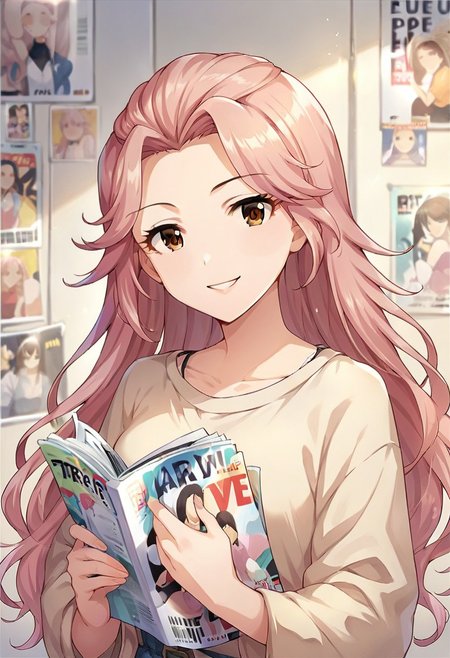 score_9, score_8_up, score_7_up, source_anime,hamakawa ayuna, 1girl, solo, long hair, looking at viewer, smile,  holding, brown eyes, pink hair, magazine (object)