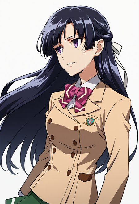 score_9, score_8_up, score_7_up, source_anime, rating_safe <lora:rukino_sakivv_PONY-700007:0.8> rukino_sakivv, 1girl, anime coloring, solo, long hair, purple hair, purple eyes, half updo, hair ribbon, bow, blazer, long sleeves, emblem,  light smile, parted lips, medium breasts, pleated skirt, from side, looking up, white background,