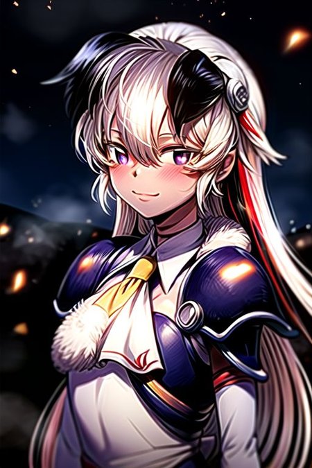 best quality 1girl Setsun4 solo long hair,  (night time) forest background black hair very long hair purple eyes multicolored hair armor, small, (fur trim) (medium body),<lora:EMS-179-EMS:0.800000>,<lora:EMS-293862-EMS:0.800000> bow, hair_bow, hair_tubes, red_bow, brown_hair, long_hair, bangs, ascot, frilled_bow, yellow_ascot, blush, smile, hair_between_eyes, athletic, armor, miko, strengthmda,  Smiling, happy, winged helmet