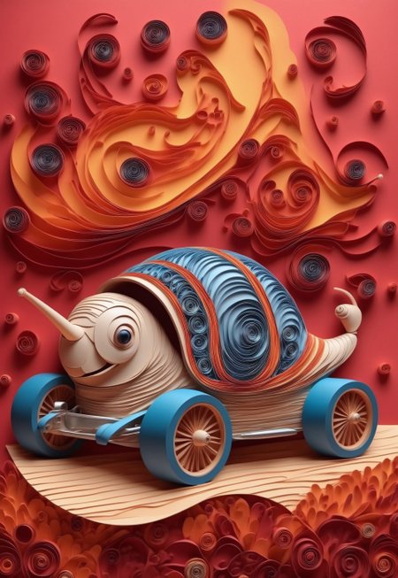 Paper quilling, layered paper. (A snail in a race car, with quilled flames shooting out of the exhaust). (Background: a racetrack made of layered paper, complete with cheering paper fans).

4k, high quality, masterpiece, 
