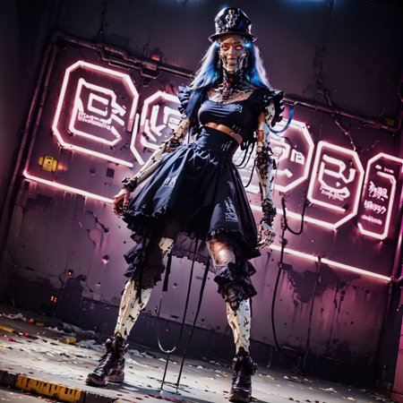 (score_9, score_8_up, score_7_up), (neon lights, cypberpunk,  egyptian city,  thick lineart, sharp edges),
BREAK
dutch angle, full body, solo,  1women, red eyes,  long  hair, blue  hair, grin,  dark-skinned female,  mask respirator,  female focus, robot, cyborg , android, mechanical arms, cyborg, robot joints, mechanical parts, tube, spine, cybernetic neck, bionic torso, bionic skin,
BREAK
gothic hat, gothic bodysuit, gothic dress, frilled dress, fishnet pantyhose,
BREAK
grim, dark atmospher,  science fiction,
<lora:dark_techwear:0.8><lora:BioPunky:0.8>  <lora:Concept Art Twilight Style SDXL_LoRA_Pony Diffusion V6 XL:0.8> <lora:Bad_Hands_lora:0.8> <lora:add-detail-xl:0.8> <lora:sinfully_stylish_PONY_0.2:0.8>