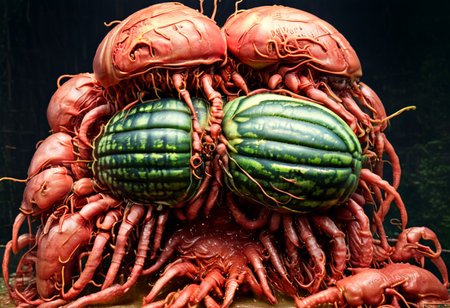 A cinematic photograph of a watermelon made of poly acrylic in the shape of a horny, five-headed woman, having sex with a yellow crayfish, in the style of Raphael,  Movie Still, Film Still, Cinematic, Cinematic Shot, Cinematic Lighting, JuggernautNegative, biopunkai, Disgusting, Globby, Goo, Yucky, Icky