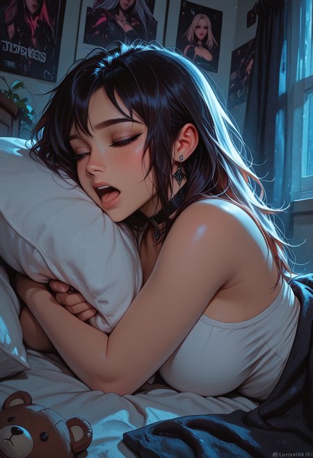 highres, very detailed, amazing quality, masterpiece,
very aesthetic, vibrant colors,
particle effect,
1girl, solo:1.2, LunaWf, Tan skin, large breasts, curvy, choker, 

Laying down, sleeping, yawning, eyes half closed, tired, sleepy, bed head, (under a blanket, grabbing pillow, hugging pillow),

Bedroom, girly bedroom, stuffed animals, pictures, posters, plants, clutter, clothes thrown around room, 

at night, night, moonlight, midnight, shadows, dark, darkness, 

from the side, view from the side, close up,