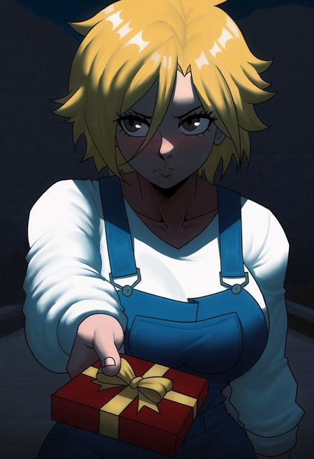 masterpiece, best quality, newest, absurdres, highres, (echo saber:1.2), night, outdoors, closed mouth, 1girl, solo, dimaria, brown eyes, bangs, short hair, blonde hair, hair between eyes, reaching towards viewer, foreshortening. holding gift, incoming gift, blue overalls, white shirt, long sleeves, blush   <lora:Dimaria_Yesta_all_in_one_last_Illustrious:1>