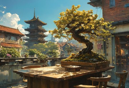 ultra high resolution, masterpiece, best quality,artwork,  Cinematic style,
play of shadow and light,
masterpiece, hyper realism, a high-resolution photograph, golden ratio, dutch angle, dynamic, side view, asymmetry, contrasting, unique, enigmatic, a charming bonsai on a table, outdoor, vibrant artwork, cyberpunk, anime, aidma-niji , no human