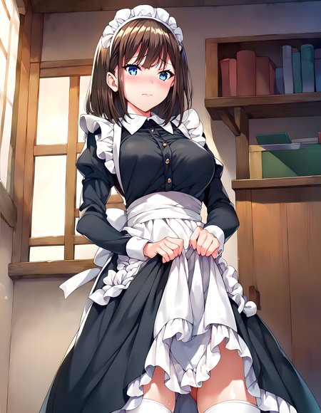<lora:pony_xl_yayoi:0.9>,yayoi,score_9,score_8_up,score_7_up,source_anime,1girl,solo,maid,maid headdress,black dress,long sleeves,frilled apron,maid apron,white apron,white legwear,enmaided,standing,skirt hold,embarrass,cowboy_shot,