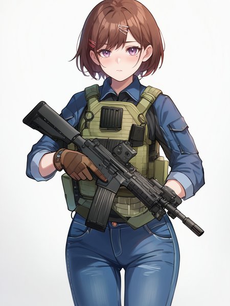 score_9, score_8_up, score_7_up, score_6_up, score_5_up,  <lora:tacticalclothesXLP:1>tactical clothes, 1girl, gun, weapon, solo, gloves, rifle, white background, pants, hair ornament, brown hair, holding weapon, holding, hairclip, looking at viewer, mole under eye, simple background, mole, short hair, holding gun, blush, load bearing vest, denim, m4 carbine, blue pants, jacket, assault rifle, jeans, bulletproof vest, brown gloves, bangs
