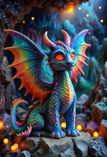(medium full shot) of (mythical dragon) with red eyes, four-legged, rainbow prismatic scales, glittering scales, large bat-like wings, glowing horns, gemstone-studded arms, set in  a mystical mountain cave, with shimmering stones, mysterious markings, an enchanting aura, under the moonlight,  Masterpiece,best quality, very aesthetic
