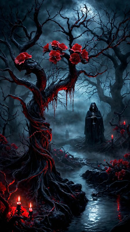 Horror theme, dark and eerie atmosphere, hyperrealistic, bloody stream,  ominous tree with twisted branches, skulls scattered around the base, vibrant red flowers, ethereal lighting, glowing moon in the background, dramatic shadows, intricate details, haunting ambiance, realistic textures, misty fog, unsettling and creepy, gothic elements, red and black color palette, ultra-quality, foreboding scene, sinister mood, ethereal glow, detailed background, magical elements, mysterious and terrifying, lifelike depiction, horror setting, gloomy sky, surreal and nightmarish, ghostly presence
 <lora:Low-key lighting Style:1> Low-key lighting Style,  dim light, low light, dramatic light, partially covered in shadow