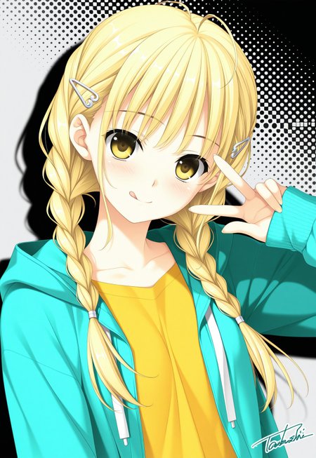 (hashimoto takashi:1.1),(loading \(verjuice\):1.0),(kakesu:0.7),
1girl, fujita kotone, solo, twin braids, blonde hair, braid, tongue, tongue out, yellow shirt, jacket, yellow eyes, shirt, long hair, looking at viewer, long sleeves, upper body, w, open clothes, open jacket, halftone, hair ornament, signature, twintails, v, aqua jacket, smile, :q, blush, closed mouth, hood,
,masterpiece,best quality,amazing quality,
