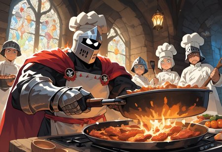 knight, big eyes, helmet, cape, big helmet, castle, stone wall, backlit, edgelit, huge gauntlets, cooking, holding a frying pan, fraying pan, pots, beard, chef hat on helmet, helmet, chef hat, lanterns, character focus, furious, angry, fuming, closeup, extreme closeup, very detailed helmet, group photo,