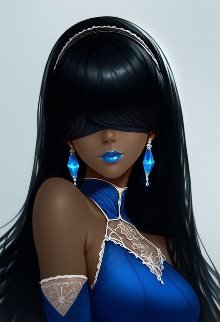 (((black hair))), long hair, (((bangs over eyes))), (((black blindfold))), 1girl, russian, Caucasian, (Cinematic Angle), ((best quality)), ((masterpiece)),
score_9,score_8_up,core_7_up,source_anime,1girl,,bangs,gloves,frills,1girl,twintails,hairband,non-web source,crystal earrings,black hairband,clothing request,bare shoulders,blue eyes,earrings,jewelry,solo,blue lips,character request,black hair,sidelocks,dark-skinned female,dark skin,long hair,upper body,looking at viewer,,blue dress,