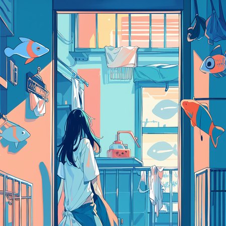 score_9, score_8_up, score_7_up, 1girl, solo, black hair, clothes hanger, laundry, clothesline, window, long hair, bubble, limited palette, shirt, ligne claire, fish, wide shot, railing, indoors, white shirt, flat color, blue theme, <lora:ichigoame-xl-v2-000010:1>,