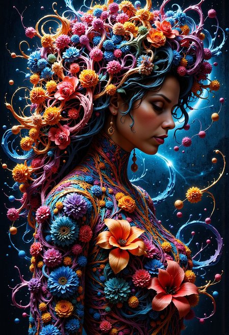 masterpiece, side portrait of a beautiful woman LimmaGansales made of flowers, full body, abstract, fractal art , HD 32K, wallpaper, hyper detailed, mythp0rt