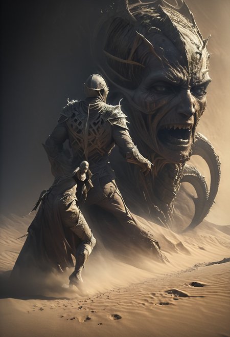 very dark focused flash photo, amazing quality, masterpiece, best quality, hyper detailed, ultra detailed, UHD, perfect anatomy, portrait, dof, hyper-realism, majestic, awesome, inspiring,Capture the thrilling showdown between the ancient mummy and the colossal sand boss in an epic battle amidst swirling dust and desert sands. Embrace the action and chaos as these formidable forces clash in the heart of the dunes. cinematic composition, soft shadows, national geographic style