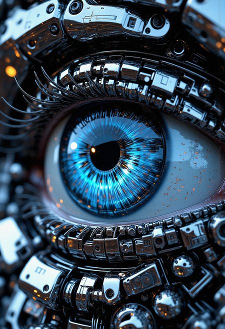 An extreme close-up of a futuristic robot's eye, featuring intricate mechanical details. The iris is a glowing blue ring surrounded by metallic parts with tiny gears spinning inside. The reflections in the eye show a vast data stream, with binary code flowing across the surface. The surrounding area is polished chrome, reflecting subtle lighting from nearby consoles and screens. The focus is intense, capturing every fine detail of the machinery in a highly futuristic style, with an ultra-realistic rendering.  <lora:FluxMythP0rtr4itStyle:0.8> MythP0rt, <lora:aidmaMJ6.1-FLUX-V0.2:0.6> aidmaMJ6.1, <lora:sxz-Dark-Fantasy-v2-Flux:0.66> drkfnts style,