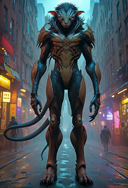 score_9, score_8_up, score_9_up, SilverPulse, Fantasy Creature, punk hair, lizard, cat, alien girl, feminime, female, 1girl, four arms, Avatar navi alien with purple skin, bal, big eyes, medium breast, red trench coat, running on the top of train, yellow train, cyberpunk city, night, neon light, rainy,  dynamic view, dynamic pose, super wide angle shot, extreme perspective,