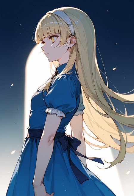 score_9, score_8_up, score_7_up, 1girl, solo, <lora:zs_AliceXL:1> alicesmt, dress, long hair, blonde hair, hairband, blunt bangs, puffy sleeves, blue dress, yellow eyes, standing, looking away, dim lighting, from side