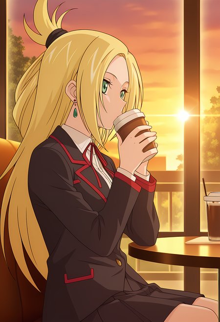 masterpiece,best quality,amazing quality,

1girl, solo, face focus,

Kourin Tatsunagi (Cardfight Vanguard), long hair, blonde hair, green eyes, school uniform, jewelry, earrings, neck ribbon, white shirt, blazer, long sleeves, pleated skirt,  white socks, shoes, black footwear,

cinematic, upper body, drinking hot chocolate, 

Sit, sitting, glass, cafe, greenery, 

afternoon, sunset, 

Lens flare, bloom,

Official style, anime screencap, anime coloring,
















