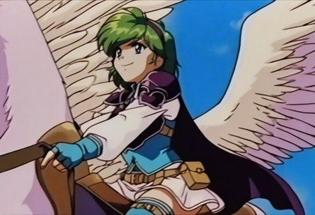 masterpiece, best quality, solo, 1girl, smile, <lora:nino-fe-richy-v1_ixl:1>, nin0pf, blue eyes, green hair, short hair, antenna hair, purple hairband, blue shirt, white sleeves, long sleeves, purple breastplate, purple shoulder armor, purple cape, white skirt, brown belt, belt pouch, blue gloves, fingerless gloves, blue thigh boots,  <lora:FeOVA_GLoRA-illus_Fp:1>, retro artstyle, riding pegasus, sky,