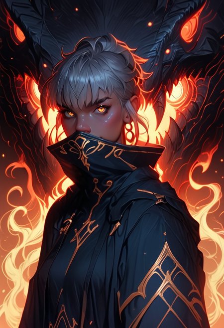 in the style of Yoann Lossel, Marc Simonetti, illustration, zPDXL3 , score_9 , score_8 , score_7  A futuristic warrior woman with short, silver hair and glowing, amber eyes stands on a battlefield. Her armor is sleek and polished, with intricate designs carved into the metal. She holds a glowing sword at her side, and her gaze is fixed on the distant horizon. The sky above her is filled with dark clouds and flashes of lightning. full-face helmet that radiates strength and mystique, crafted with divine warrior-like qualities. The helmet is completely encased in a sleek, gleaming silver, with a mask that imitates human features, creating a haunting yet noble visage that conceals the wearer's face entirely. Intricate gold engravings adorn the silver surface, resembling flowing wind or celestial patterns, which add an ethereal touch to the design. Majestic, curved wings extend gracefully from either side, crafted from the same polished silver, accented with golden highlights that catch the light, giving the impression of movement, as if the wings could lift the wearer into the skies. This combination of silver and gold, along with the complete concealment of the face, creates a helmet that speaks of a warrior chosen by fate, exuding awe and reverence with every movement. The rock is cold and metallic, as if part of the mountain was integrated with machinery. psychedelic style . vibrant colors, swirling patterns, abstract forms, surreal, trippy