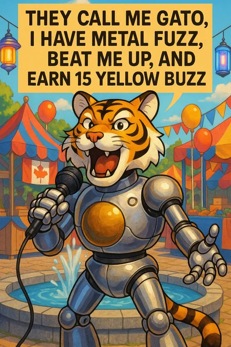 Gato from Chrono Trigger (except with a tiger head) singing the lyrics "They call me Gato, I have metal fuzz, beat me up, and earn 15 yellow Buzz" near a fountain at a festival