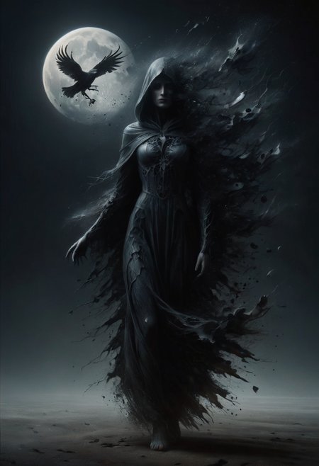 macabre style heart of the Black Desert a ral-dissolve woman cloaked in shadow stands, solo, her form a deeper shade within the all-encompassing darkness, performing a mysterious ritual known only to her, moving with precision and grace through the thick tangible obscurity that surrounds her, the ritual carving pathways of emptiness into the void itself, a massive harvest moon in the background, moon light filters through the darkness illuminating her form, crows gather around her drawn to the enigmatic aura of this sculptor of the unseen, style of Russ Mills and Tyler Shields, . dark, gothic, grim, haunting, highly detailed,  <lora:ral-dissolve-sdxl:1.2>,