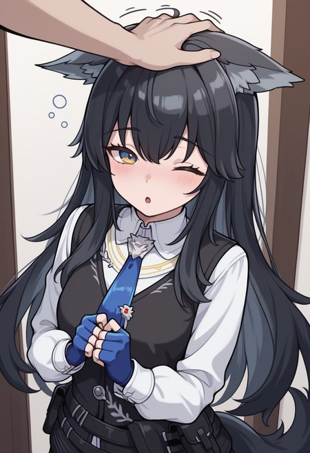 masterpiece, best quality, <break> pov, pov hands, headpat, upper body, solo, 1girl, txsomrts, wolf tail, blush, :o, looking at viewer, standing, fidgeting, long hair, black hair, hair between eyes, animal ears, animal ear fluff, single ear down, gradient eyes, yellow eyes, blue eyes, one eye closed, black vest, belt pouch, white shirt, collared shirt, blue necktie, long sleeves, blue gloves, fingerless gloves, indoors
<segment:yolo-Anzhc Face seg 640 v2 y8n.pt,0.4,0.5//cid=1>