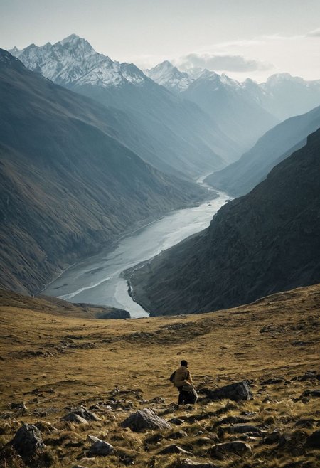 In this evocative landscape, a figure stands near the camera, their form blurred and out of focus, as they gaze towards a distant river and the majestic mountains beyond. The viewer's attention is drawn to the crisp, detailed mountains, which dominate the scene, while the subject remains a mysterious, indistinct presence, adding a sense of longing and introspection to the image