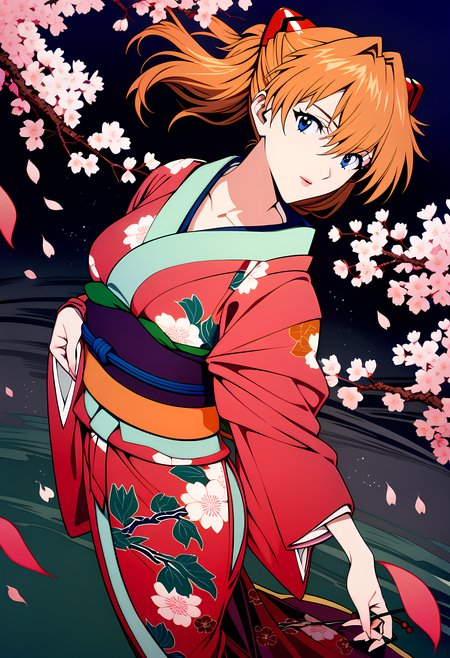 cherry blossoms  in a dark storm, light and shadow, cherry petals flying in the air, wind and rain, 
1girl, souryuu asuka langley, neon genesis evangelion, rebuild of evangelion, aged up, mature, Japanese kimono, looking at viewer, 
dynamic angle, close-up shot, woodcuts, highly detailed, KHsty-XL, <lora:KHsty-XL-v3-AN:0.5>,
masterpiece, best quality, very aesthetic, absurdres,