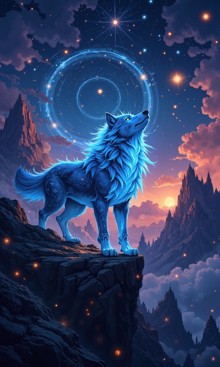 A spectral being emerges from the mystical twilight, embodying the essence of a celestial wolf with translucent fur that glows with an ethereal, icy blue light. Its eyes, pulsating with otherworldly luminance, seem to harbor the secrets of the cosmos. Intricately detailed runes etch its mane, shimmering with a faint golden glow as they pulse with arcane energy. The creature stands on a rocky precipice surrounded by swirling nebulae, casting an awe-inspiring silhouette against a backdrop of distant galaxies. Celestial lights form an enchanting halo around the figure, enhancing the scene with a surreal, dreamlike atmosphere. Mist and starlight entwine around the wolf, suggesting movement and power. The composition is a masterpiece of vibrant colors and mystical lighting, focusing on the majestic stance and radiant aura of the celestial lupine. Captured in ultra-real high-definition, the image highlights the magnificent textures and cosmic wonder of this mythical being. <lora:Ethereal Brush Anime v2.0:0.3> <lora:Hand v2:0.3> <lora:test2-000013:0.7> <lora:SameFace_Fix:0.8> <lora:flux_dev:1>