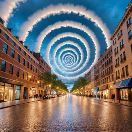 a view of a city street with clouds above, (Light Spiral Effect blends the whole image)