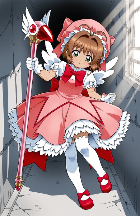 1girl, solo, <lora:Daikin:1> dkn,
kinomoto sakura, kinomoto sakura \(magic dream costume\), white white shirt, puffy short sleeves, pink dress, frilled dress, white thighhighs, red mary janes, footwear ribbon, red bow, pink bow, white gloves, white wings, pink headwear, mob cap, fuuin no tsue, staff,
(medium shot), repairing equipment, detailed face, located in a ruined world at a destroyed highway during dawn with windy weather, illuminated by harsh sunlight, creating a foreboding,desolate atmosphere, extremely detailed, highres, masterpiece, best quality