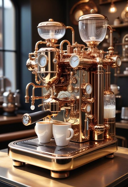 pearlescent  style steampunk coffee machine with mother-of-pearl decoration. Realistic technical photo, detailed, pipes, taps, an analog instrument, decorative structure on the counter of a coffee shop. Sunshine. incredible detail, highest quality, 8k ultra-high resolution, visual masterpiece, vibrant, warm