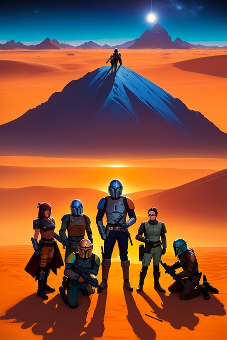 a developers conf poster, A mandalorian squad centered, space, desert, mountains, art gta 5 cover, official fanart behance hd artstation by jesper ejsing, by rhads, makoto shinkai and lois van baarle, ilya kuvshinov, ossdraws, orange tones