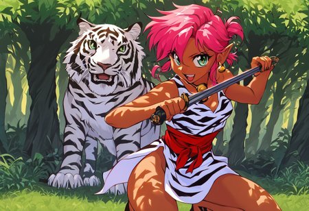 score_9, score_8_up, score_7_up, score_6_up, Masterpiece, source_anime screenshot, duo, 1 girl, 1 boy, vivid colors, retro anime style, high-res, beautiful aesthetic, very intricate, high-quality details, vibrant, highly detailed, award-winning, professional, <lora:pink-ponyxl-v2:1>, open mouth smile, single fang showing, sleeveless dress, white tiger print dress, pelvic curtain, cleavage, white cat ears, cat bell necklace, bright pink hair, tanned, white tiger tail, red sash, small breasts, leather shoes, detailed eyes, green eyes, detailed face, BREAK score_9, score_8_up, score_7_up, score_6_up, Masterpiece, source_anime, 1 girl, 1 boy, vivid colors, anime style, high-res, beautiful aesthetic, very intricate, high-quality details, vibrant, highly detailed, award-winning, professional, <lora:link:0.8> link1, link, soft smile, pointy ears, blonde hair, blue eyes, medium hair, side locks, earrings, short ponytail, blue hylian tunic
Break
Under a thick forest canopy, <lora:sword-guard-stance-ponyxl-lora-nochekaiser:1>, sword guard stance, sword, weapon, duo, katana, holding, pink and link holding weapon, holding sword, looking at viewer,