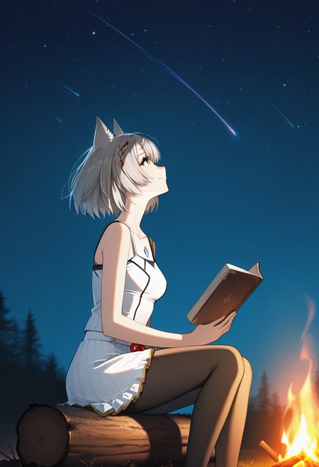 masterpiece, best quality, newest, absurdres, highres,<lora:MioXC3Illustrious:0.9>  , MI0XC3, grey hair, short hair, cat ears, white tanktop, chest jewel,  frilled skirt, pantyhose, looking up, smile, night, stars, shooting star, sitting, holding book, brown book, campfire, from side, log,