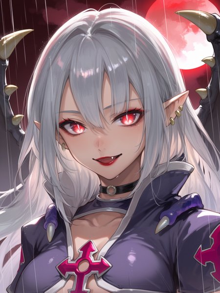 (score_9:0.9),score_8_up,score_7_up,rating_safe,(zPDXL3),(zPDXL),
masterpiece,intricate details,anime,4k,best quality,anime style,<lora:Vampire vamp PonyXL v1.1:0.75>,
vampire vamp,1girl,solo,smile,looking at viewer,fang,ear piercing,upper body,dark-skinned female,medium breasts,lipstick,open mouth,collarbone,black choker,underboob,silver armlet,purple leotard,bat wings,purple capelet,red moon,rain,glowing eyes,slit pupils,