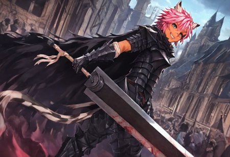 masterpiece, very aesthetic, anime screenshot, 1girl, Pink_PonyXL, DragonSlayerSword-Il.V1.0, black armor, shoulder armor, gauntlets, greaves, bandaged arm, black cape, torn cape, bright pink hair, cat ears, scar on nose, cat bell around neck, tanned, white tiger tail, small breasts, femine body, smiling, making a cute cat face, single fanged tooth showing, standing, looking at viewer, side view, wielding-dragonslayer, huge weapon, sword, holding sword, holding weapon, full body, zoomed in on pink_ponyxl, Dutch angle, cowboy shot 
Break
City of hyrule, bright and sunny, happy adoring crowd,