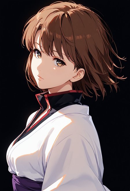 score_9, score_8_up, score_8, score_7_up, source_anime, 
1girl, katou megumi, Megumi <lora:KatoMegumi:1>,brown hair,katou megumi,brown eyes, medium breasts , short hair,   masterpiece, best quality, white kimono, hadanugi dousa, black shirt, black pants, black belt, purple sash, boots, black footwear, (((dark black background))), portrait, from side, head tilt, looking at viewer
