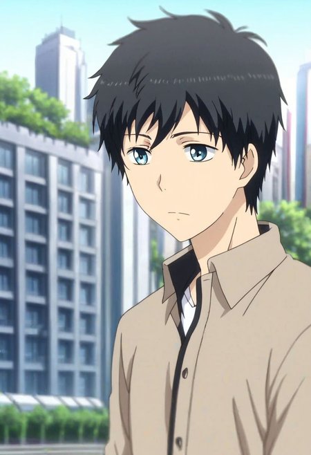 high resolution, solo, best quality, 1Boy, Arata Kaizaki, Black Hair, Blue Eyes, high-rise, top of building, landscape, shallow depth of field, OverallDetail
