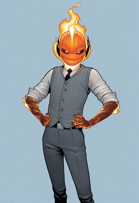 masterpiece, absurdres, high quality, perfect anatomy, 1boy, solo, cute boy, male focus, doyle, Orange Fire, Black Scelera, colored scelera, white shirt, grey vest, belt, sleeves rolled up, smug smile, hands on hips, cinematic, intricately detailed illustration, depth of field, masterpiece, best quality, amazing quality, very aesthetic, absurdres, newest, very awa,  shadow, dynamic angle, casual cosplay, dynamic pose, simple background,